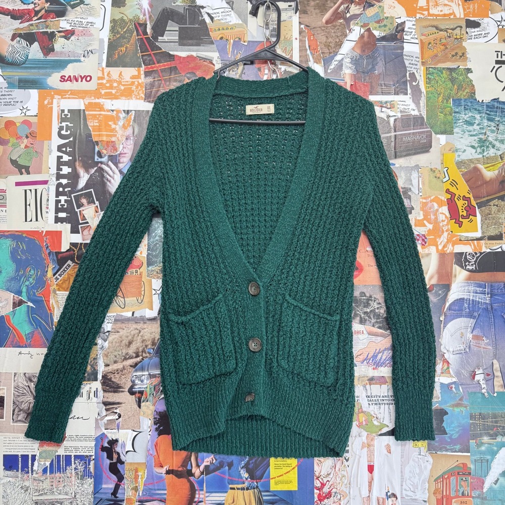 Hollister Green‎ Textured Knit V Neck Button Front Cardigan Sweater XS
